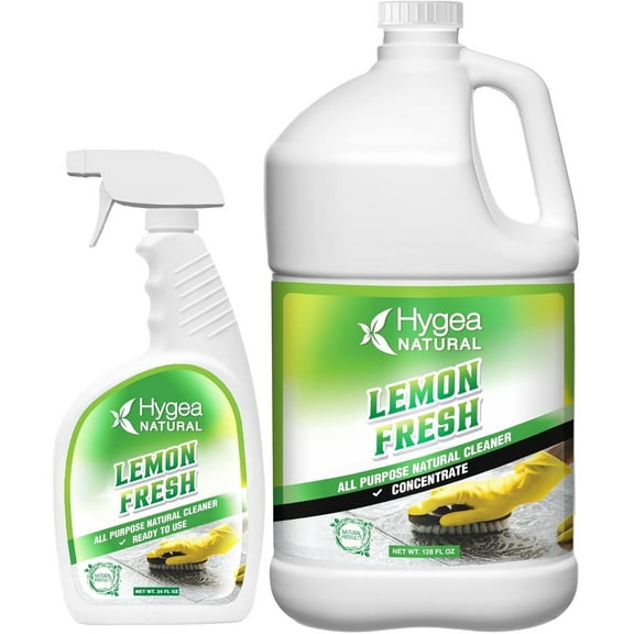 Hygea Natural Lemon Fresh Surface Cleaner, Eco-Friendly All Purpose Cleaning Spray & Floor Degreaser, Combo Set, 24 oz Concentrate 128 oz
