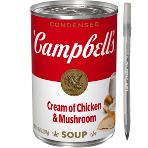 Campbell's Cream of Chicken and Mushroom Soup with pen