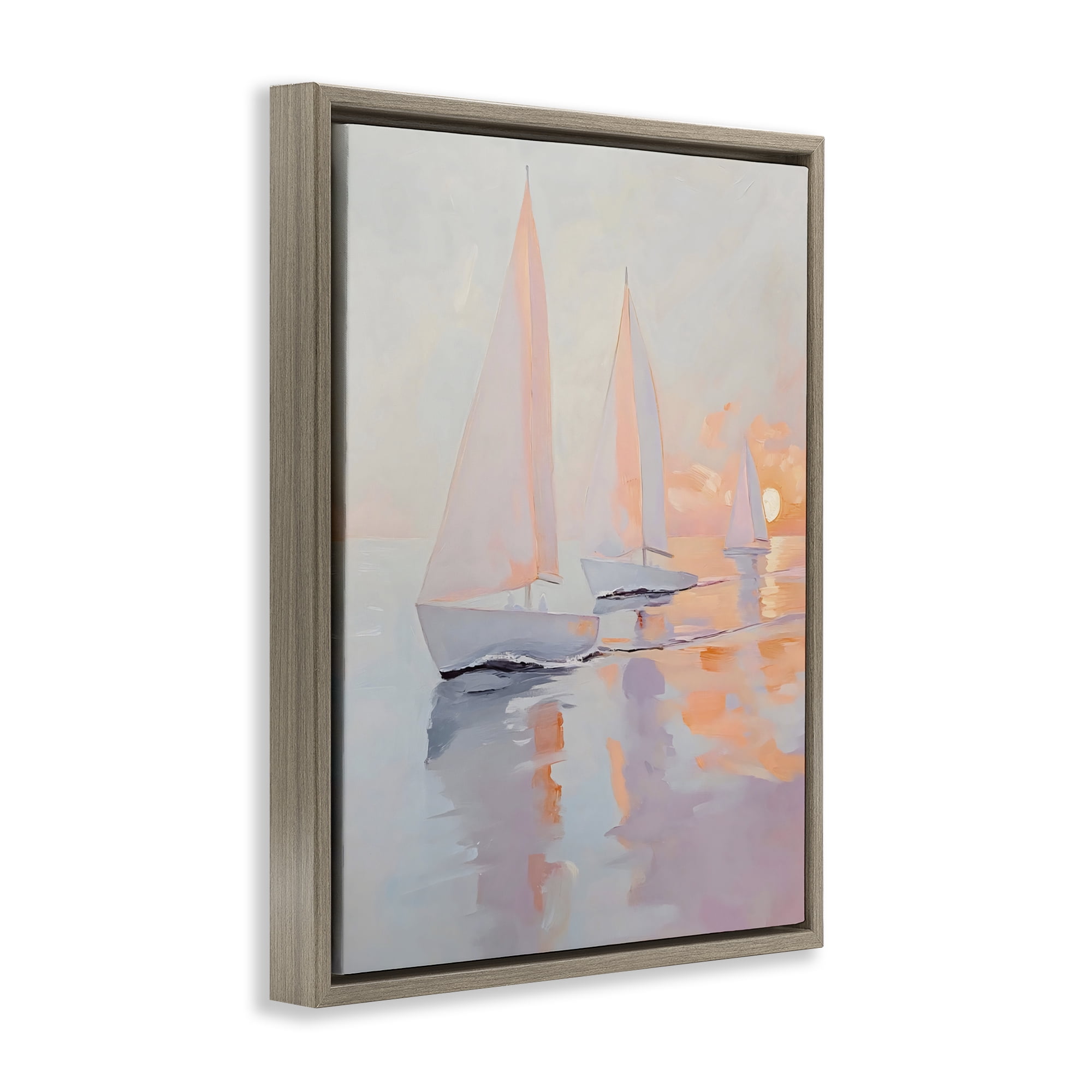 Stupell Industries Peach Sunset Sailboats on Sea Brown Framed Floater Canvas Wall Art, design by Creative Studio