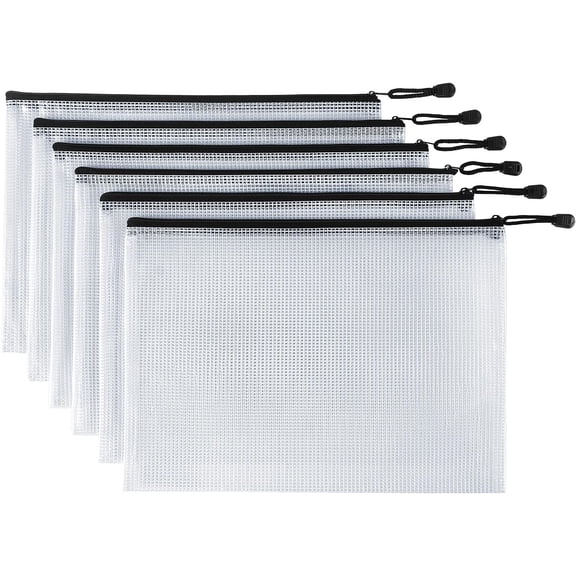 6 Pack Mesh Zipper Pouch Document Bag Zip File Folders for School Office Supplies Travel Storage Bags (White)