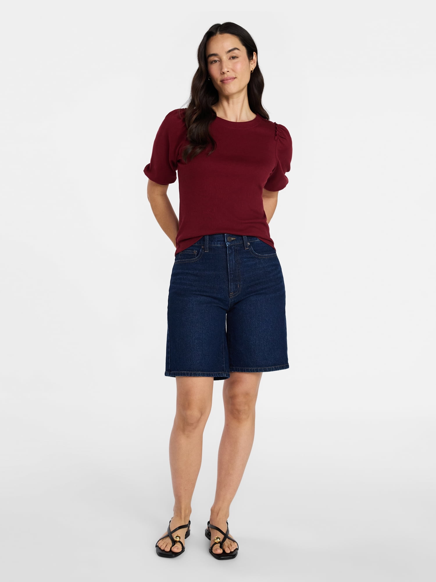 Time and Tru Women's High Rise Denim Bermuda Shorts, 9" Inseam, Sizes 0-20