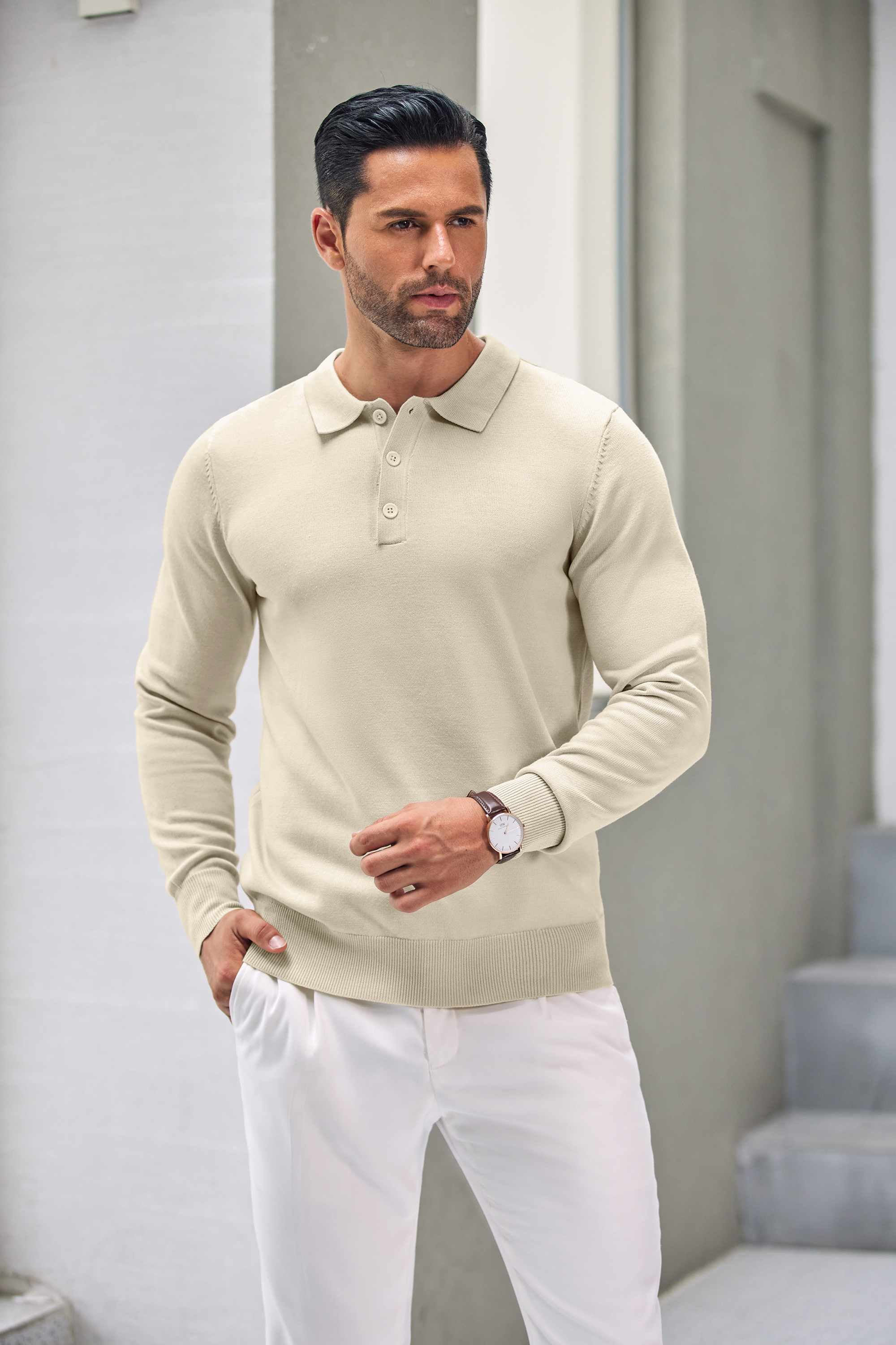 COOFANDY Men's Classic Polo Shirts Long Sleeve Casual Dress Shirts Fitted Business Shirts Denim Blue