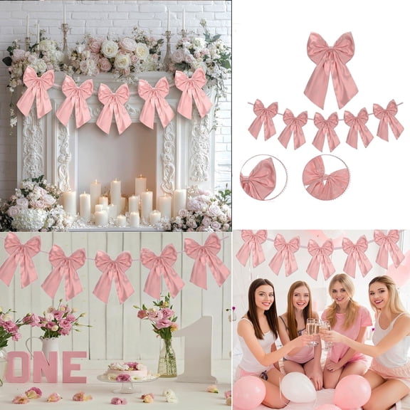 Pink Flocked Christmas Bow Garland Hanging Decorations - 5 Large 40x24cm Nylon Spandex Bows with String for Holiday Party Birthday Wedding Decor