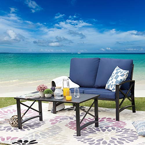 2 Pieces Patio Loveseat Metal Frame with Coffee Table Outdoor Bistro Furniture Set, Blue