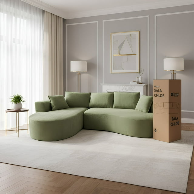 Sala Modular en Forma de L de 3 Plazas con Diseño Curvo | Chloe Verde | Tapizado en Tela Suave y Resistente con Cojines Decorativos