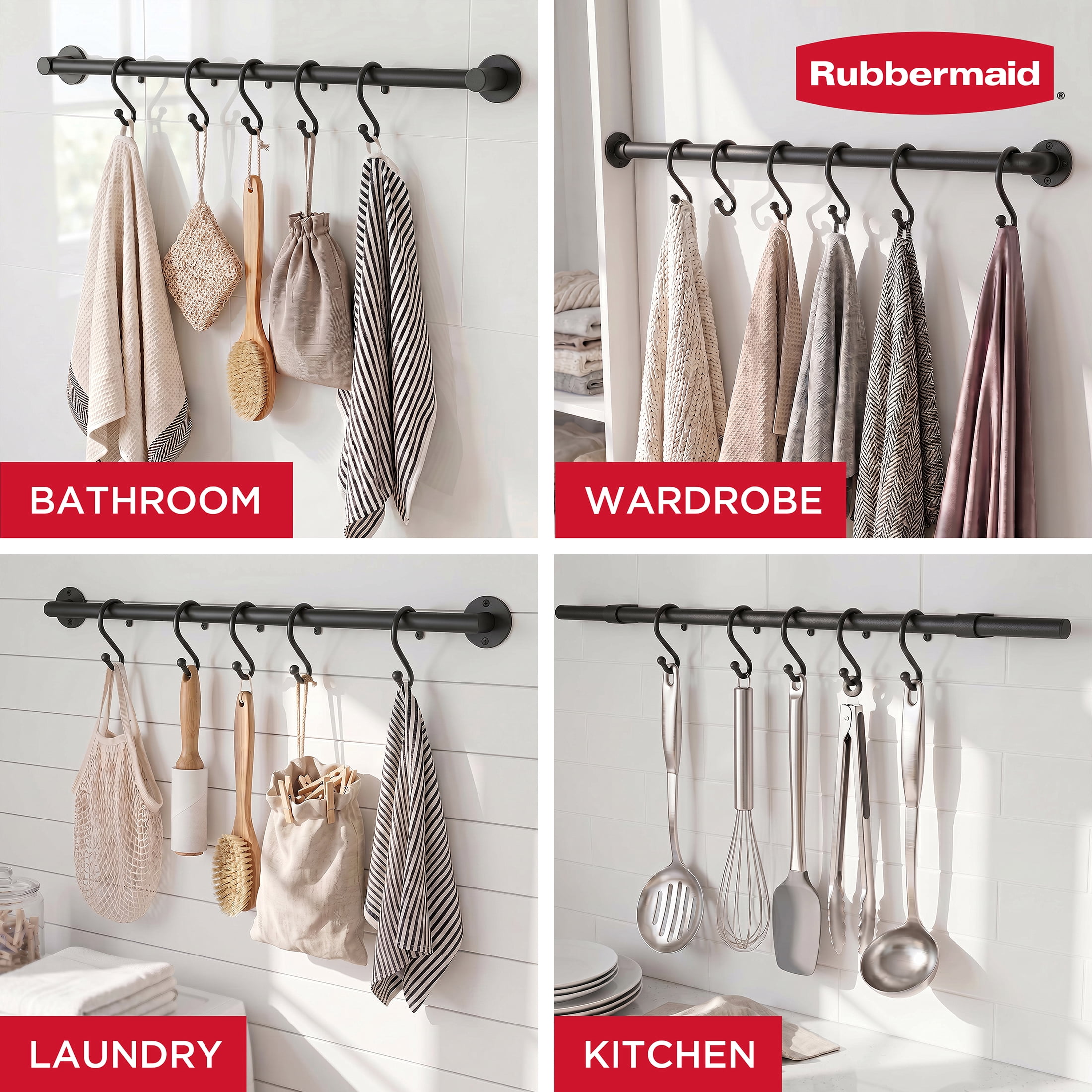 Rubbermaid Rustproof Stainless Steel S-Shaped Shower Hooks, Matte Black, Set of 12