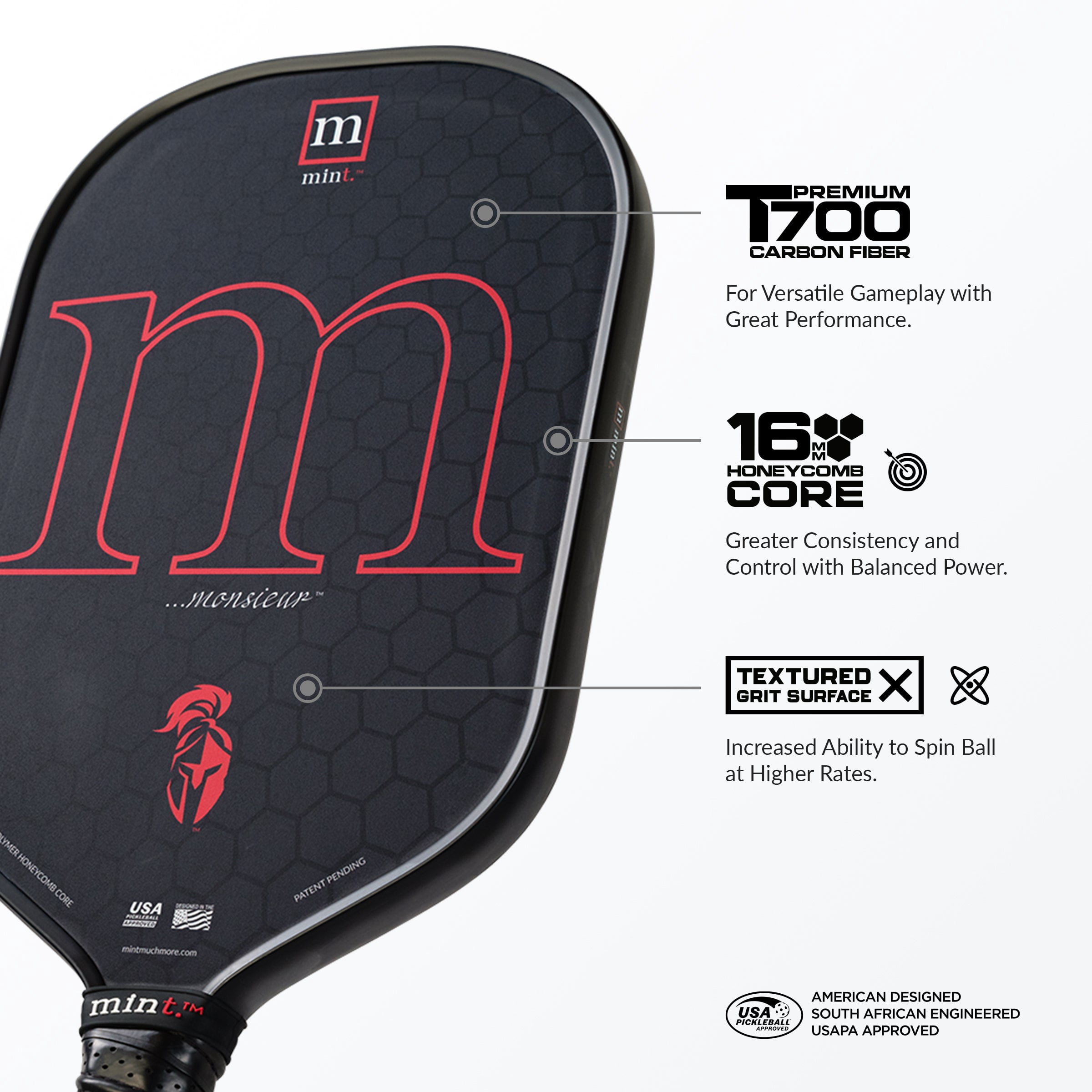 Mint Sport Monsieur Pickleball Paddle – T700 Carbon Fiber Pickleball Paddle with 16mm Polypropylene Core, Textured Spin Surface, TPE Edge Guard, USAPA Approved for Competitive Play