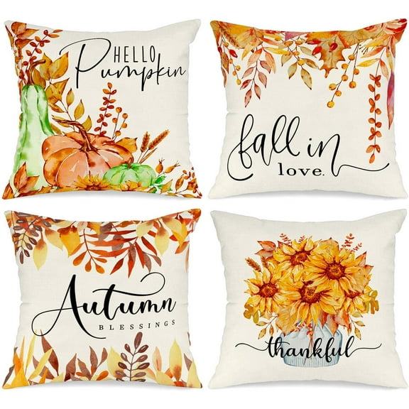 Fall 16x16 Throw Pillow Covers Set of 4, Pumpkin Sunflower Decorative HolidayPillow Case 16 x 16 Autumn Cushion Covers Thanksgiving Pillowcase for Indoor Home Bedroom Couch Sofa Decor