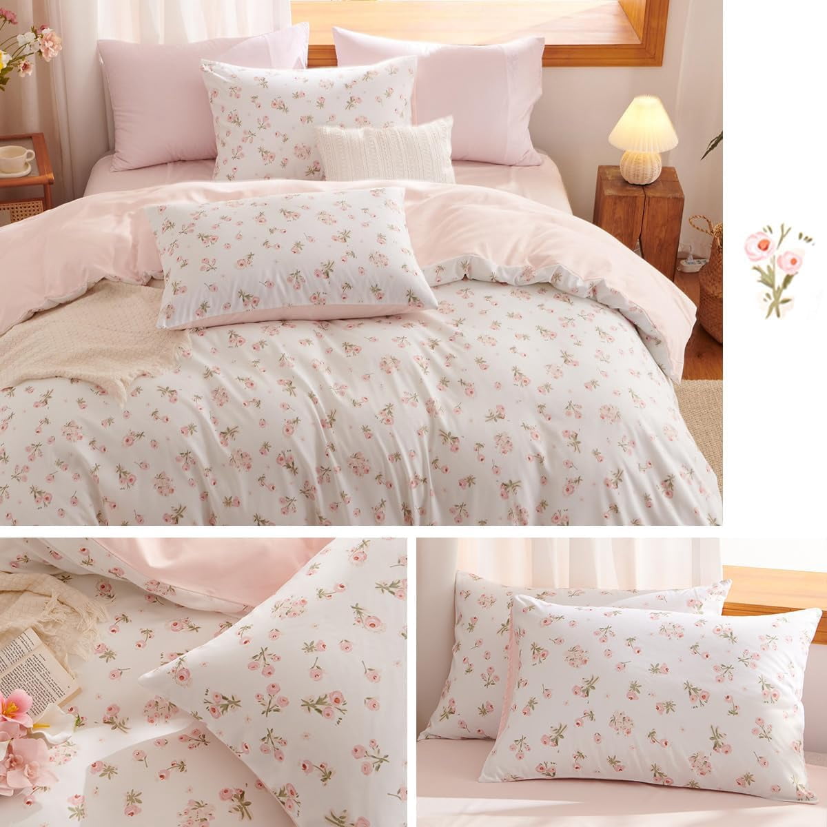 JOLUSERE Pink loyalty Floral Comforter Queen Sets, 3 Pieces Chic Botanical Pink White Floral Reversible Comforter for All Season