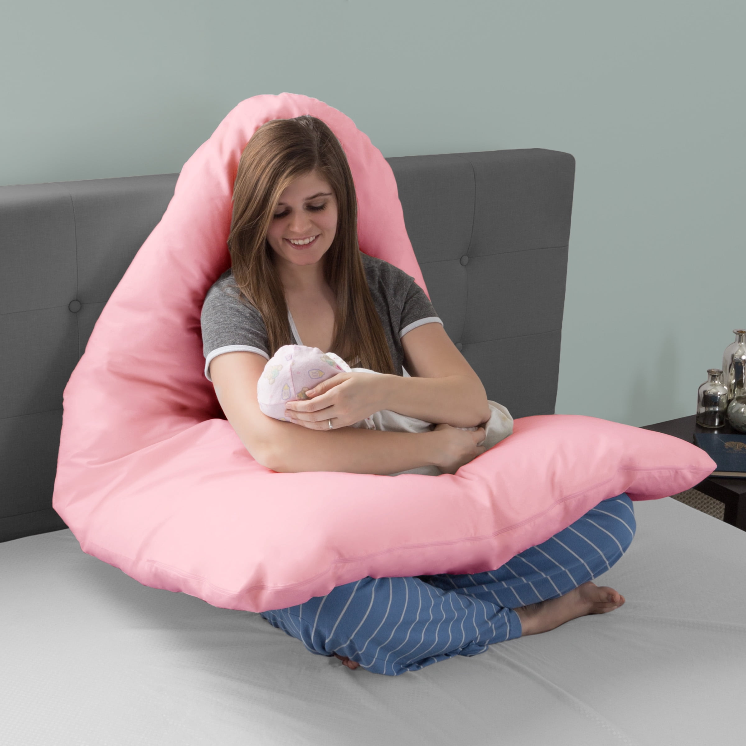 Full Body Pillow Cover- U-Shaped 100% Cotton Jersey Replacement Pillowcase, Removeable with Zipper for Pregnancy/Body Pillows by Lavish Home (Pink)