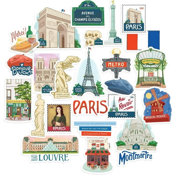 Navy Peony Passionate Paris City Travel Stickers (25 Pieces) - Gouache Style, France Theme