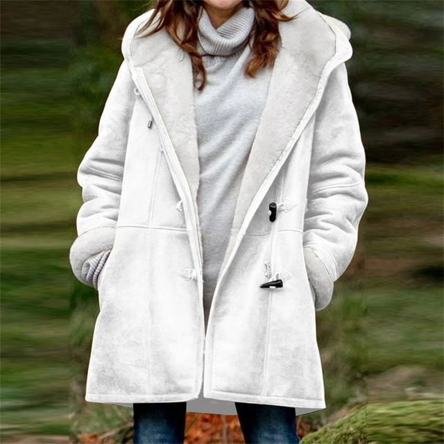 DPTALR Women Winter Plus Size Solid Plus Velvet Coat Long Sleeve Horn Buckle Pocket Overcoat Tops
