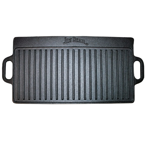 Jim Beam Skillet Pre Seasoned Heavy Duty construction Double Sided cast Iron griddle Pan with Superior Heat Retention, 20x1x9, Large, Black,BBQ168