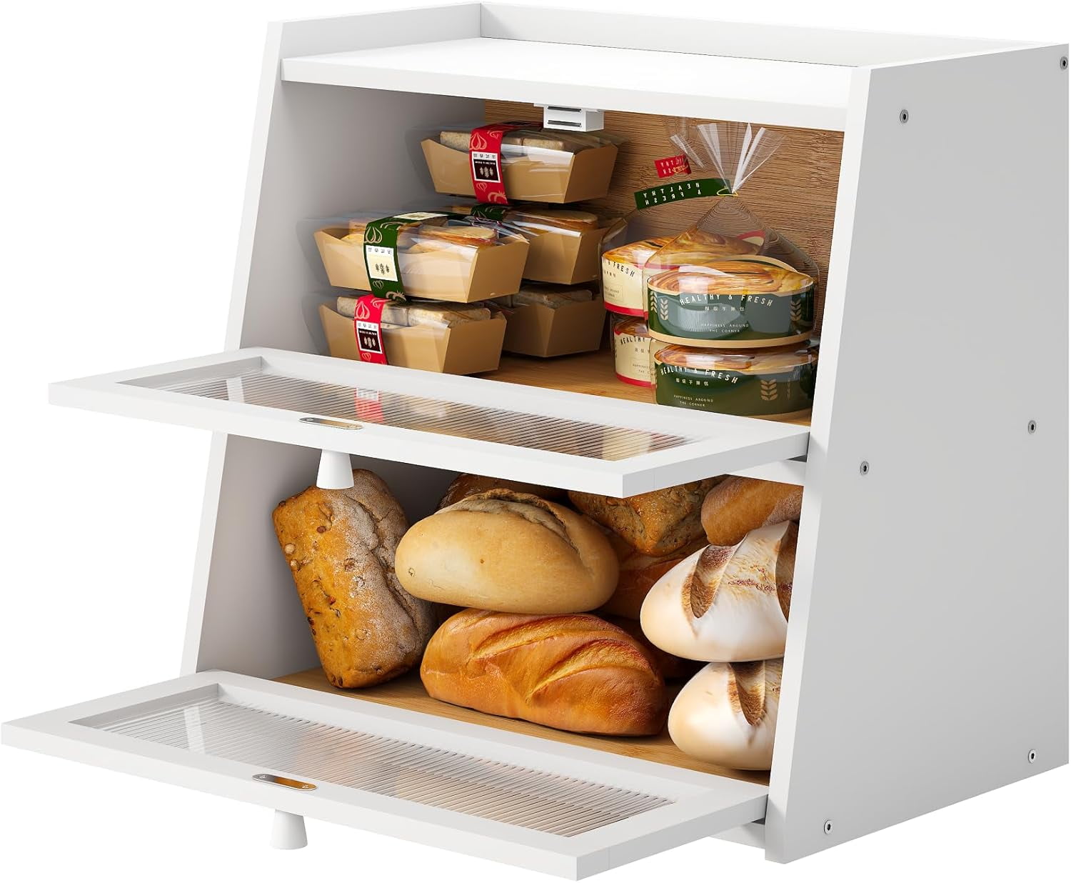 White Bread Box for Kitchen Counter, Large Bread Box With Cutting Board, Bamboo Wood Large Capacity Bread Storage Bin with Acrylic Wavy Door Panel