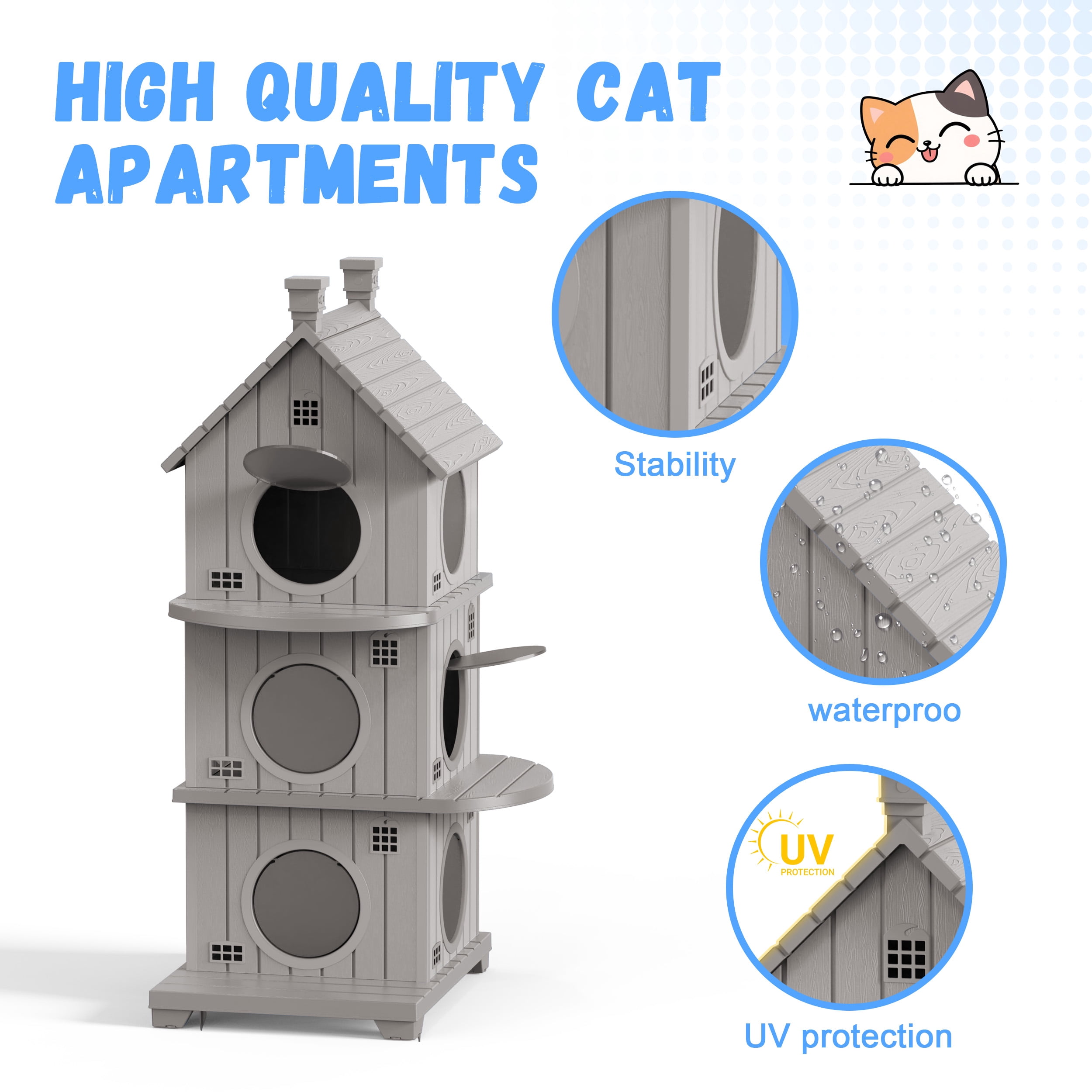 EASY UP Resin Outdoor Cat House,Villa, Multi-layer Design, Weather-resistant and Moisture-proof (Blue)