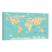 HOMEOART Animal World Map Nursery Decor Cute Cartoon Animal Map Pictures Kids Children's Room Nursery Artwork Home Decor Stretched Framed Ready to Hang 20x36inch