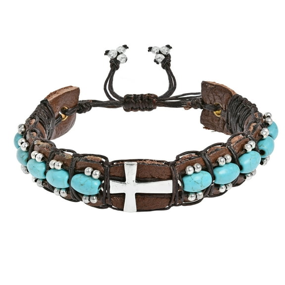 AeraVida Inspirational Cross and Blue Turquoise Stone Leather Unisex Cuff Bracelet