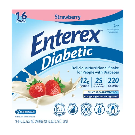 Enterex Diabetic Nutritional Meal Replacement Shake,for People with Diabetes,Strawberry, 8 Fl oz Carton, 16 Pack