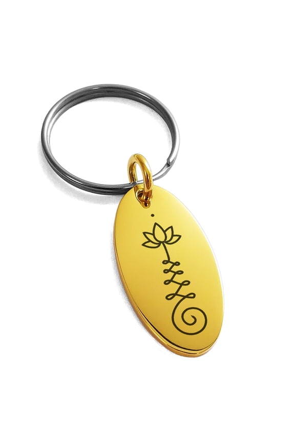 Stainless Steel Sacred Lotus Unalome Engraved Small Oval Charm Keychain Keyring