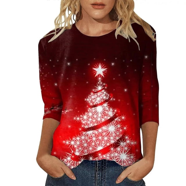 Women's Casual T Shirts Christmas Shirts Glitter Xmas Tree Printed 3/4 Sleeve Holiday T Shirts Watermelon Red L