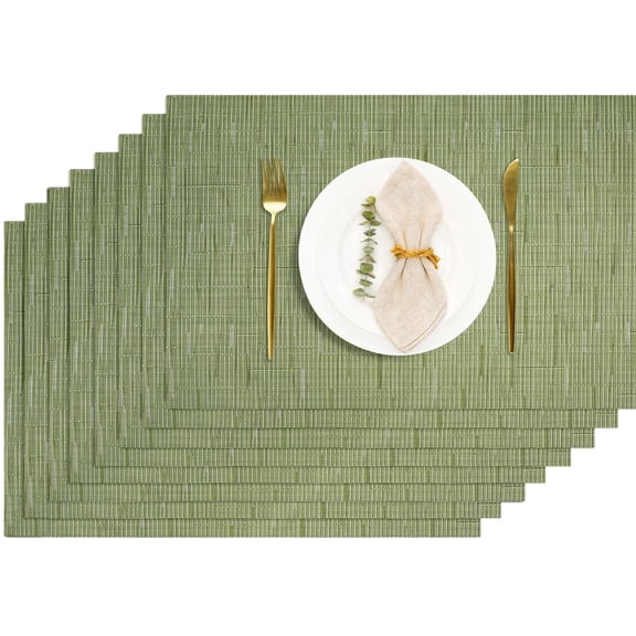 Placemats Set of 8, Washable Vinyl Woven Table Mats, Non-Slip Heat Resistant Kitchen Dining Room Place Mats for Indoor Outdoor, Green