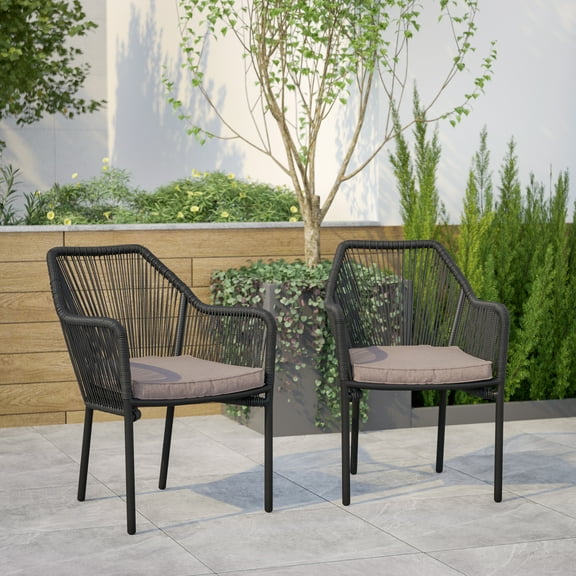 Emma   Oliver Black Woven All-Weather Outdoor Two-Piece Club Chair Set with Coordinating Gray Cushions for Porch, Backyard and Patio