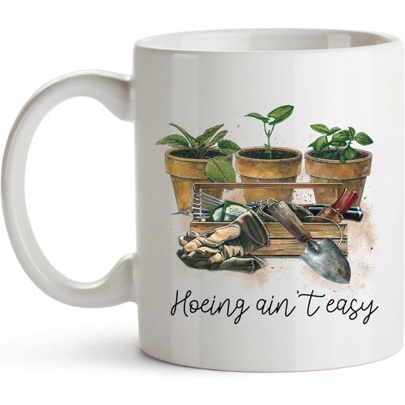 YouNique Designs Hoeing Aint Easy Crazy Plant Lady Mug, 11 Ounces, Plant Mug, Plant Coffee Mug, Plant Mom Mug, Plant Lover Cup, Plant Coffee Mug for Women (Black Handle)