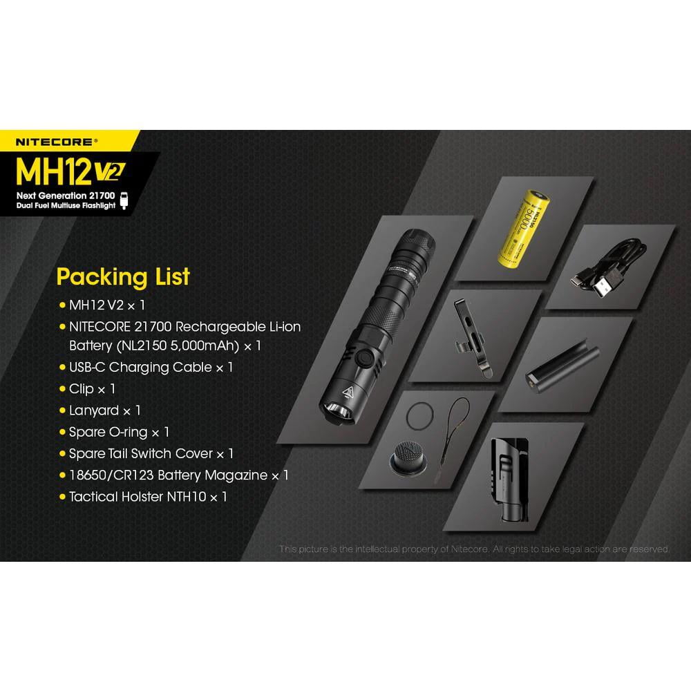 Nitecore MH12 v2 CREE XP-L2 V6 LED USB-C Rechargeable Flashlight w/5000mAh Battery, 21700, White, 1200 Lumens, Black, 6952506405985
