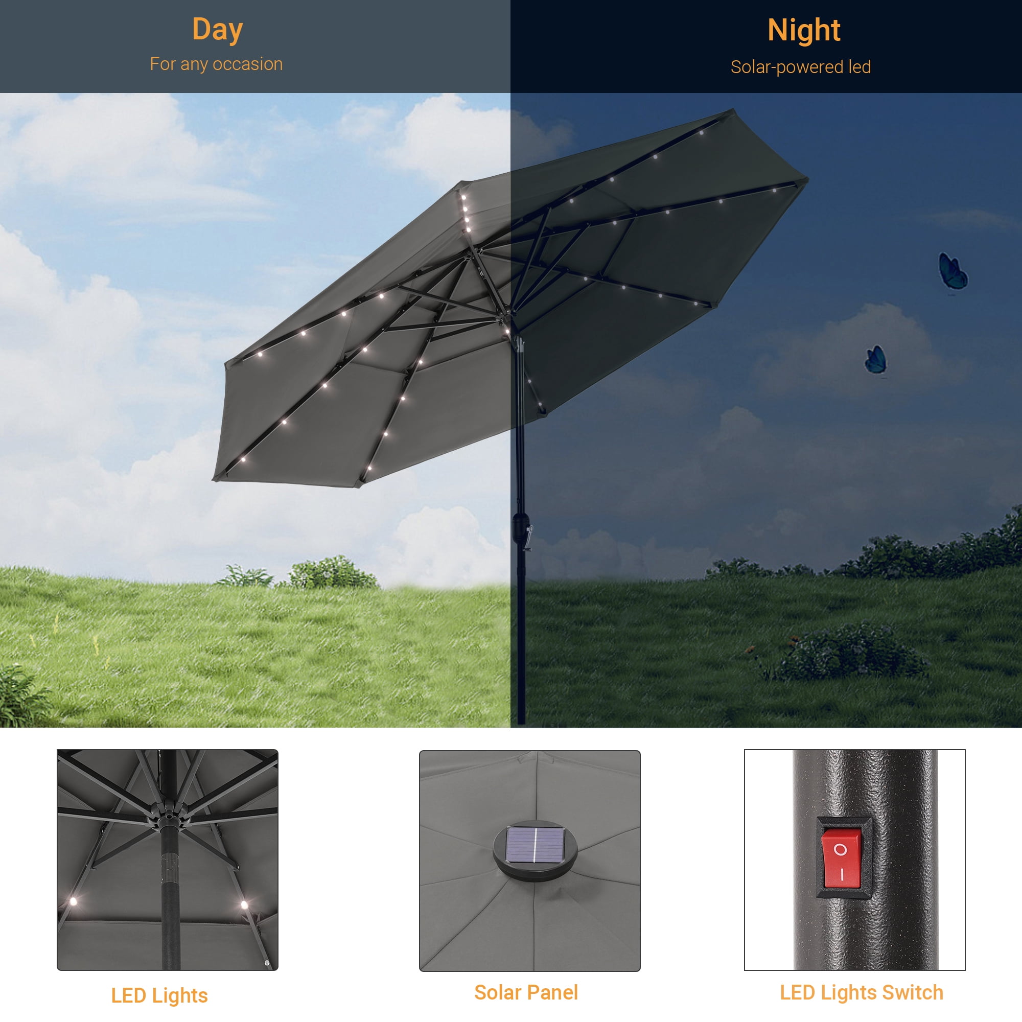 ACEGOSES 10ft LED 3 Tiers Patio Market Umbrella Outdoor with Ventilation for Garden, Deck and Pool,Gray