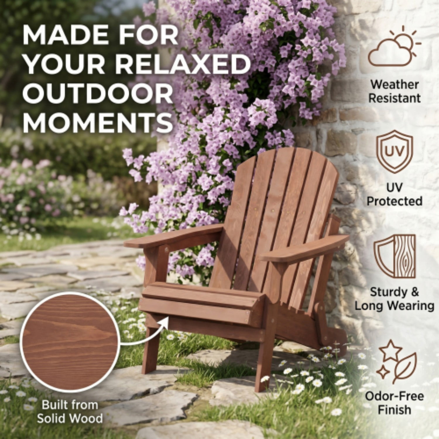 Oversized Adirondack Chair, Wooden Outdoor Folding Patio Chair with Pre-Assembled Backrest & Seat, 330 lb Capacity for Garden, Porch, Pool, Coffee