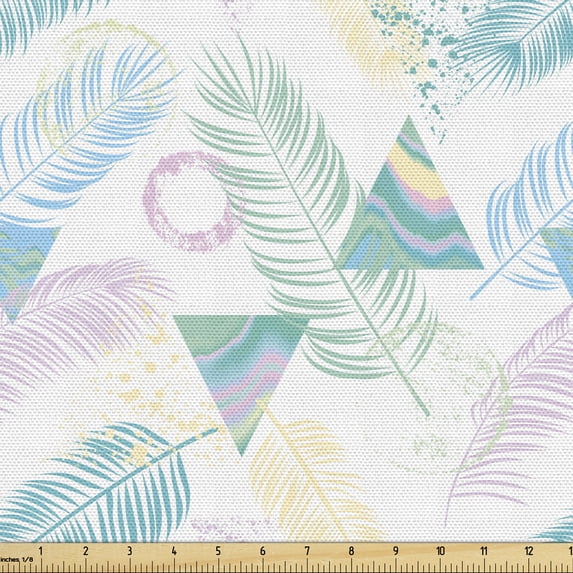 Pastel Fabric by the Yard, Exotic Palm Leaf Along Triangle Circles Urban Memphis Art Style Nature Theme, Upholstery Fabric for Dining Chairs Home Decor Accents, Blue and Pink by Ambesonne