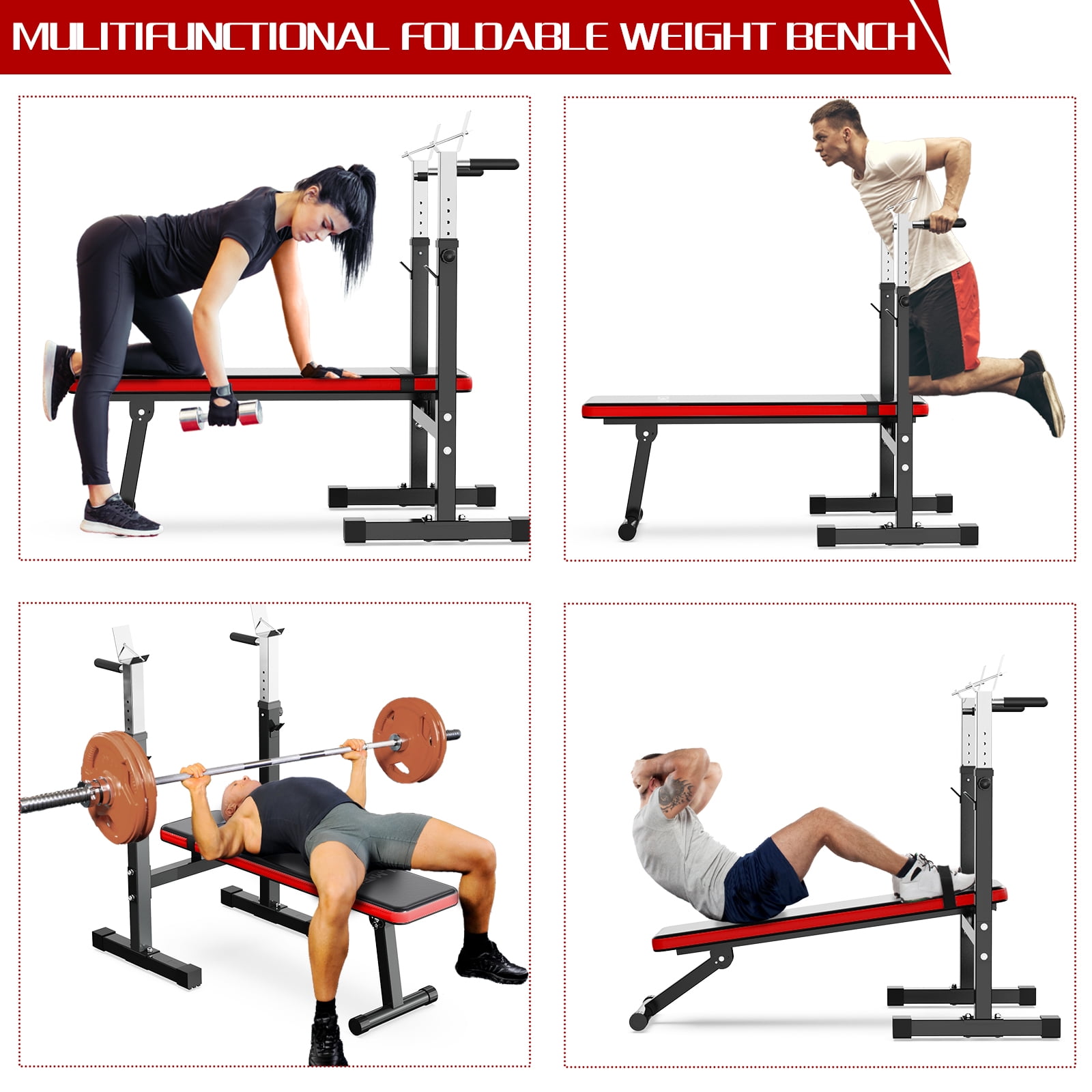 Lmdex Adjustable Weight Bench Press with Squat Rack & Folding Dip Station, Complete Home Gym Set with 150lbs Weight Plates and Curl Bar for Full Body Strength Training (Red）