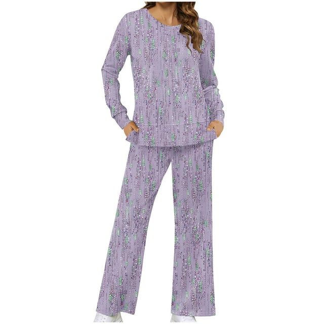 Pantalons pour Femmes, Hauts à Manches Longues pour Femmes, Mode Féminine Impression Non Positionnée Col Rond Ensemble Pantalon Fendu sur le Côté, Hauts à Manches Longues pour Femmes, Hauts à Manches Longues pour Femmes