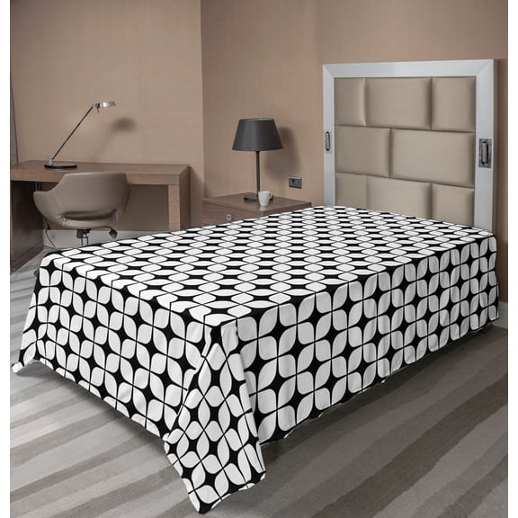 Ambesonne Abstract Flat Sheet, Round Squares Grid Items, TwinXL Size, Charcoal Grey and White