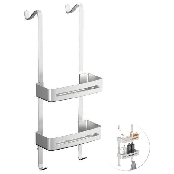 Shower Caddy Hanging Over The Door, Rustproof Shower Organizer, No Drilling Shower Rack with Hooks, Stainless Steel Bathroom Organizer and Silver Shower Shelves
