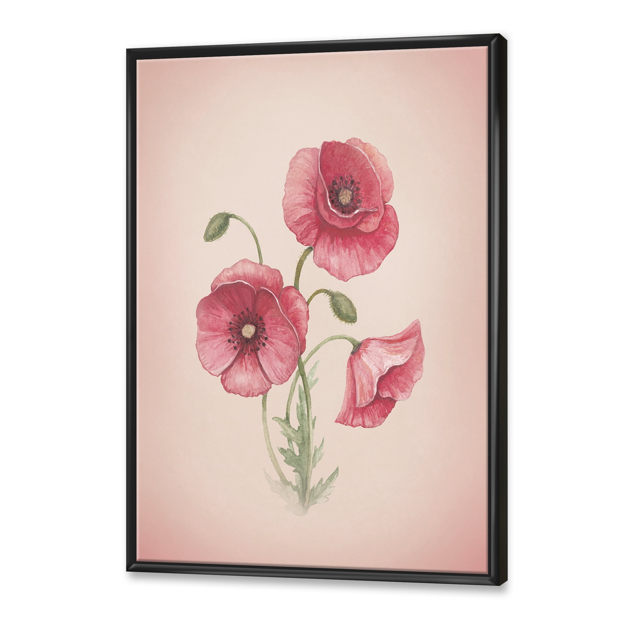 Designart 'Poppy Retro Flowers' Vintage Framed Canvas Wall Art Print