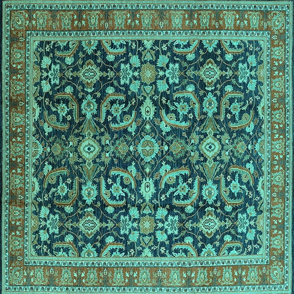 Ahgly Company Machine Washable Indoor Square Oriental Turquoise Blue Industrial Area Rugs, 5' Square