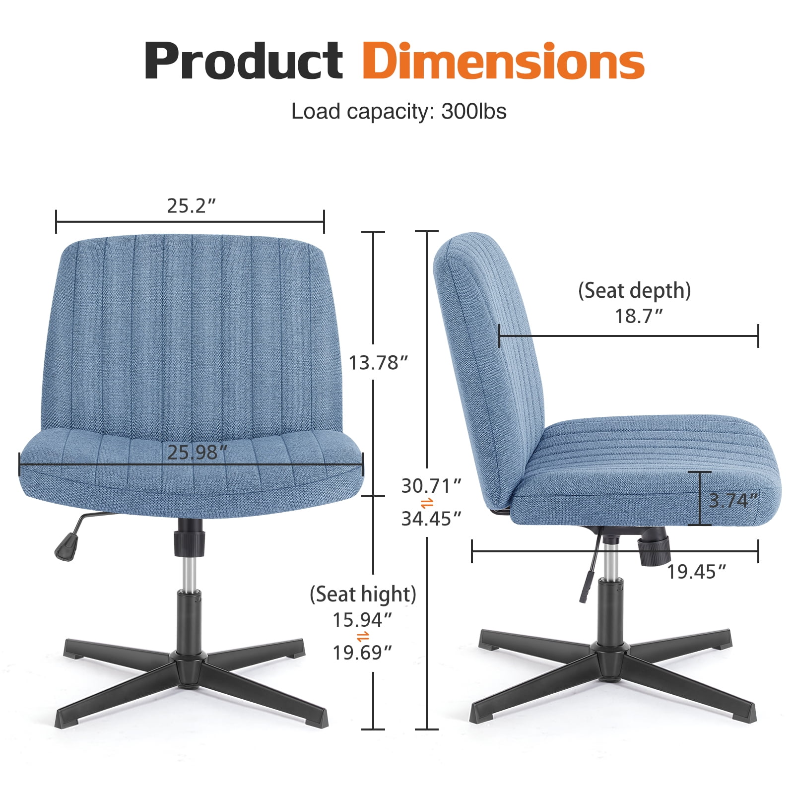 MAYEERTY Wide Desk Chair ，No Wheels Cross Legged Office Chair Armless Office Chair，Blue