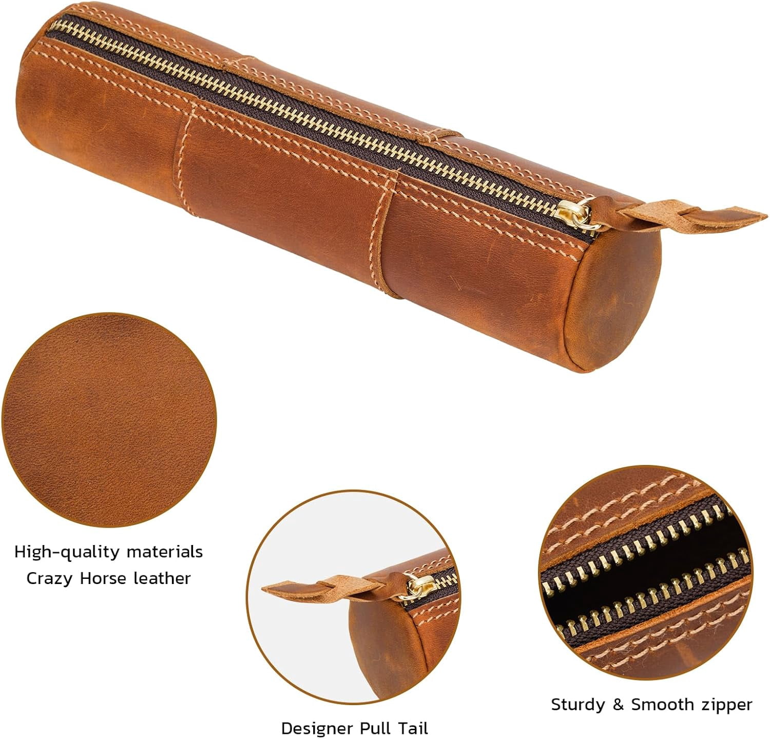 ABPETE Genuine Leather Pencil Case, Full-Grain Cowhide Leather Pouch, Small Pencil Pouch for Men, Vintage Pen Bag for Adults, Stationery Organizer Case for Work & Travel-Cylinder-Brown