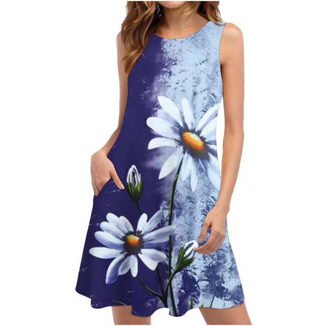 SMihono Robe d'Été pour Femmes Grande Taille Robes d'Été pour Femmes Plage Florale T-Shirt Robe Décontractée Poches Boho Robe Débardeur