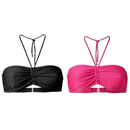 Lojoutye 2 Pack(Pink 1PCS & Black 1PCS) Multipack Front Closure Bra Women s Summer Mix & Womens Bras Comfortable No Wire Plain Bikini Bandeau Top Swimwear Beachwear