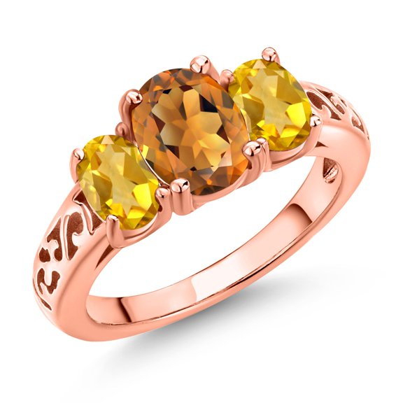 Gem Stone King 18K Rose Gold Plated Silver Orange Red Madeira Citrine and Yellow Citrine Filigree Style 3 Stone Ring for Women (2.00 Cttw, Oval 8X6MM and 6X4MM) (Size 7)