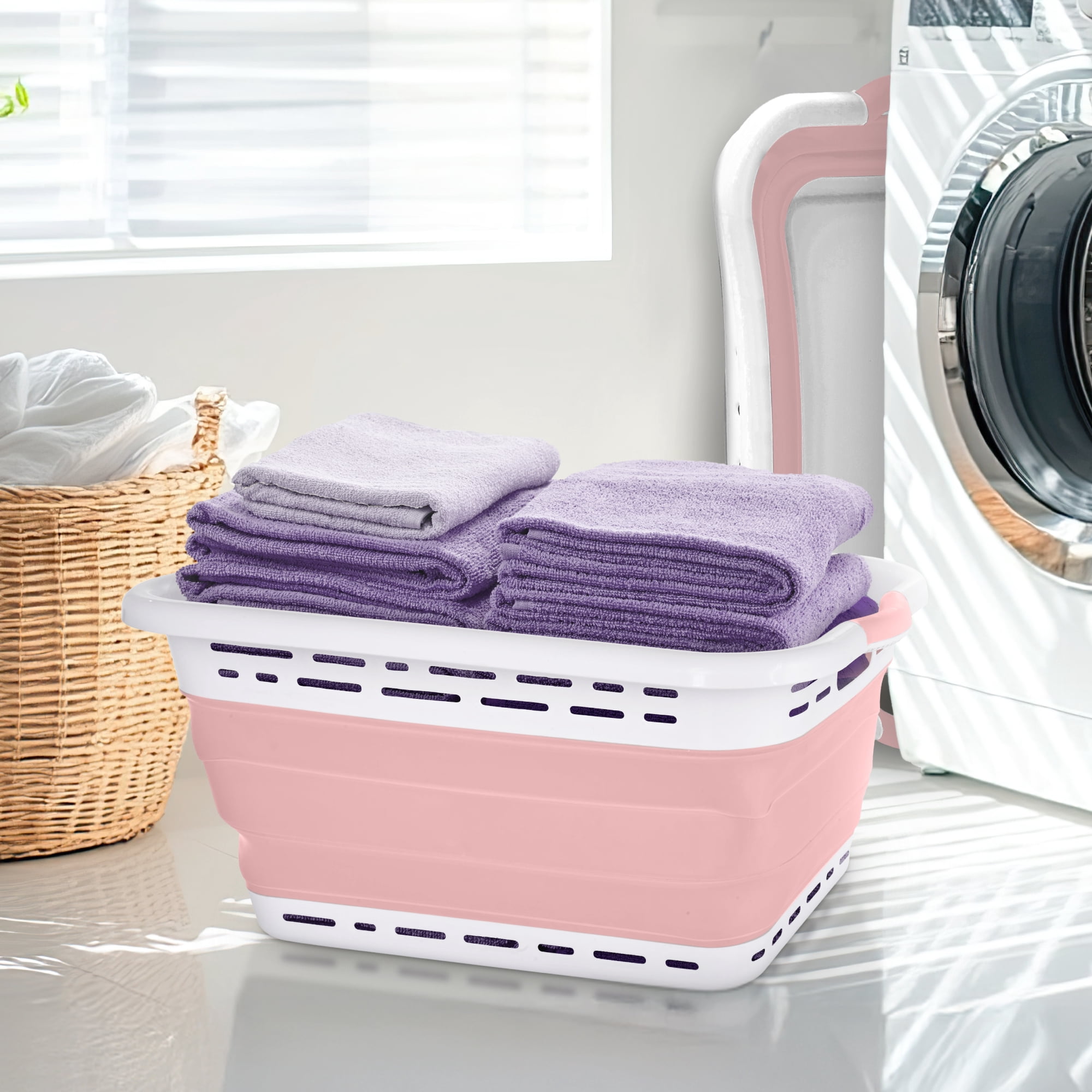 BLACK + DECKER Collapsible Laundry Basket with Handles, Space-Saving Design, Pink