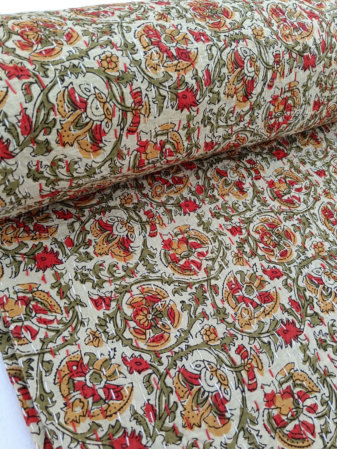Floral Kantha Quilt Handblock Print floral Kantha Indian Netural Colour Indian inspired Bedding Hand Stitched Rural Quilted Bedding Quilt A And E Textiles House
