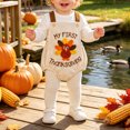 thumbnail image 2 of larppty Baby Boy Girl Thanksgiving Outfit Thanksgiving Onesie Turkey Bubble Romper Strap Waffle Overalls Bodysuit (Z03-Light Yellow, 3-6 Months), 2 of 8