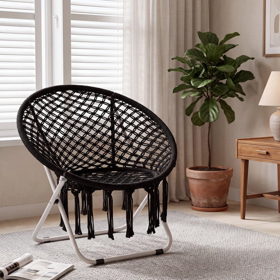 LOGYAT Boho Moon Saucer Chair, Foldable Round Circle Chair for Bedroom & Living Room, Comfortable Seat for Adults & Teens, Boho Decor, Black