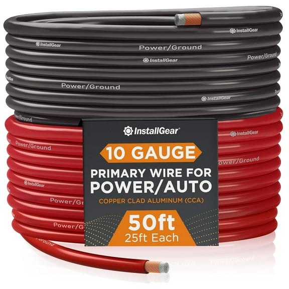 InstallGear 10 Gauge Wire (50ft) Copper Clad Aluminum CAA - Primary Automotive Wire, Car Amplifier Power & Ground Cable, Battery Cable, Car Audio Speaker Stereo, RV Trailer Wiring Welding Cable 10ga