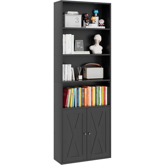 Vongrasig 6-Tier Open Bookcase and Bookshelf with Doors, Floor Standing Farmhouse Display Storage Shelves 71 Inch Wood Tall Bookcase for Home Office, Living Room, Bed Room, Black