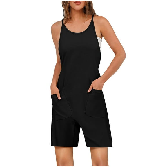 New Women's V Neck Sleeveless Romper Summer Casual Loose Spaghetti Strap Short Overalls Jumpersuit with Pockets Sleeveless Jumpsuits for Women Casual Black S