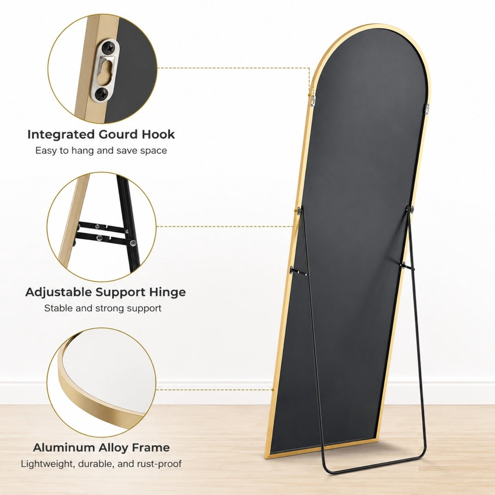 Lumora 16.2"x59" Full Length Arched Standing Floor Mirror, Gold
